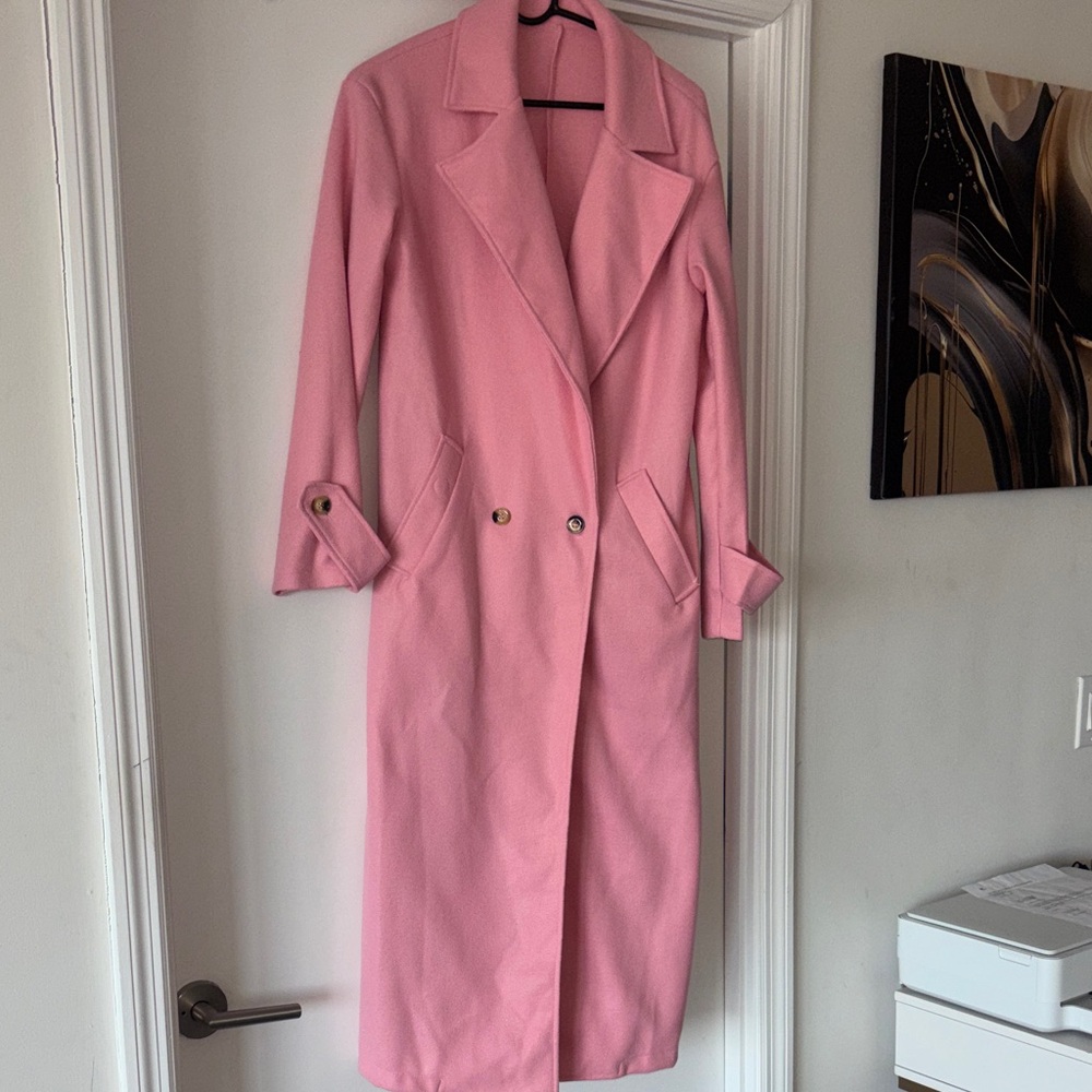 SHEIN Pink Long Trench Coat with Notched Lapel